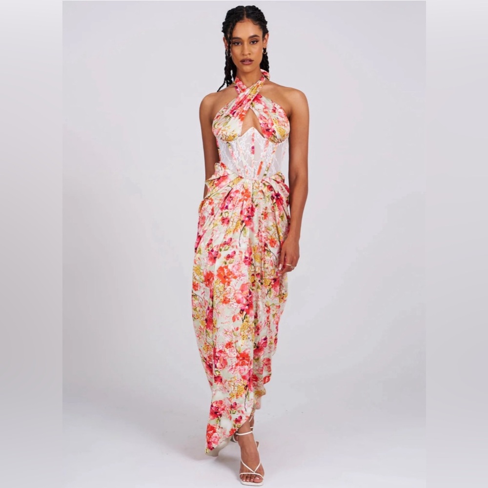 Miss Circle Floral Lace Corset Satin Dress